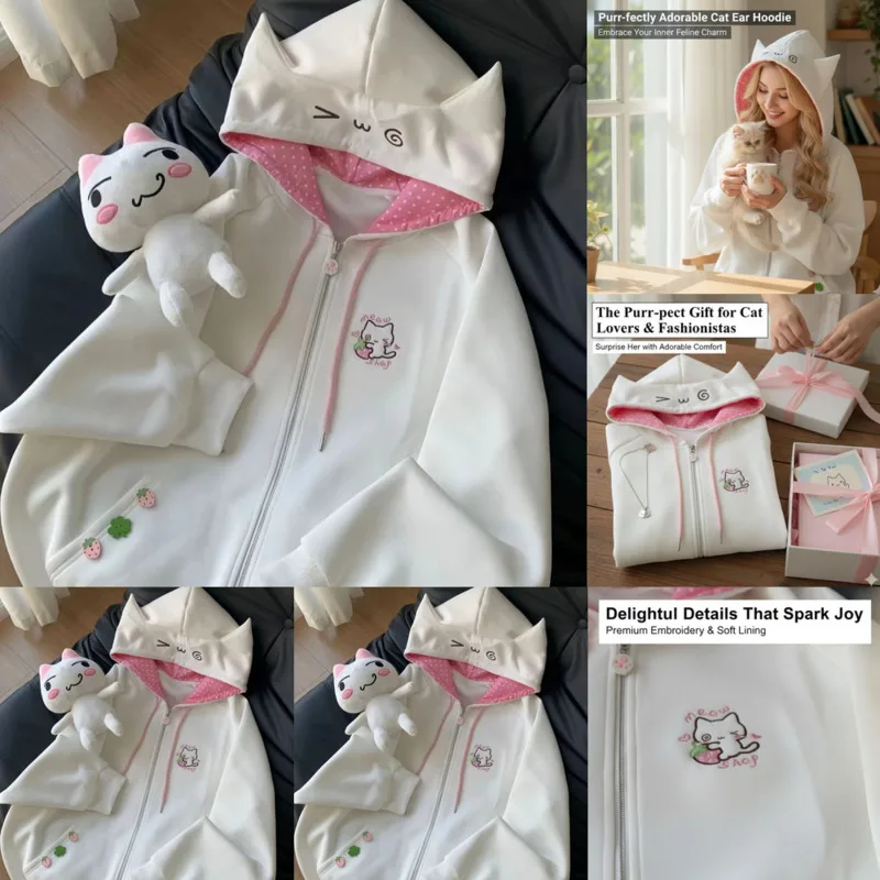 

Cat Embroidery Hoodie Y2K Patchwork Loose Hooded Sweatshirt Women Cute Japanese Strap Autumn Winter Cotton Loose Jacket Top New