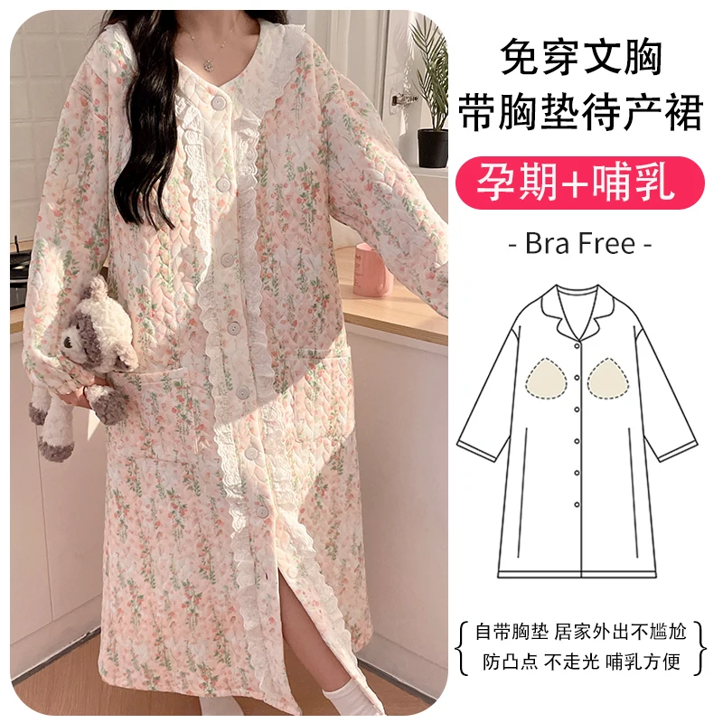 4XL Sweet Winter Lace Cotton Padded Nursing Night Dress Maternity Fall Loose Warm Feeding Sleepwear Pregnancy Homewear Hospital