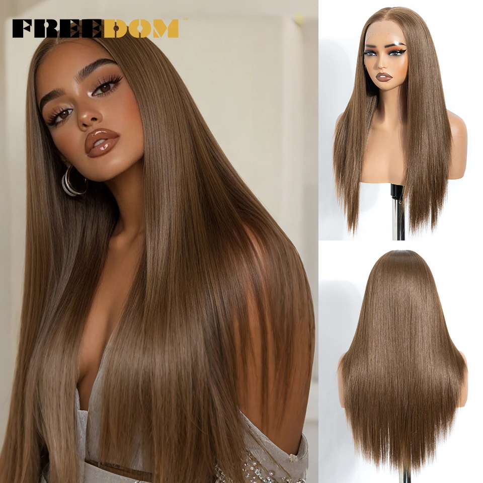 FREEDOM 13X6 Synthetic Lace Front Wigs For Women 24 Inch Straight Natural Hairline Wig Ombre Brown Daily Use Wig Heat Resistant