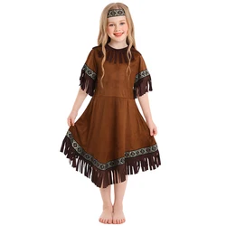 Girls Native American Costume Short Sleeve Round Neck Tassel Dress Belt Headband Set Indian Girl Costume