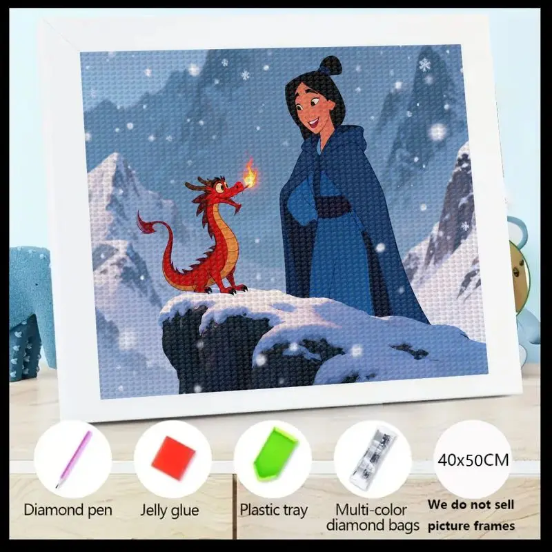 

1 шт. Mulan & Mushu 5D набор алмазной живописи, полный дрель, художественный набор со стразами, сделай сам, мультяшная принцесса и дракон, настенный декор, снег
