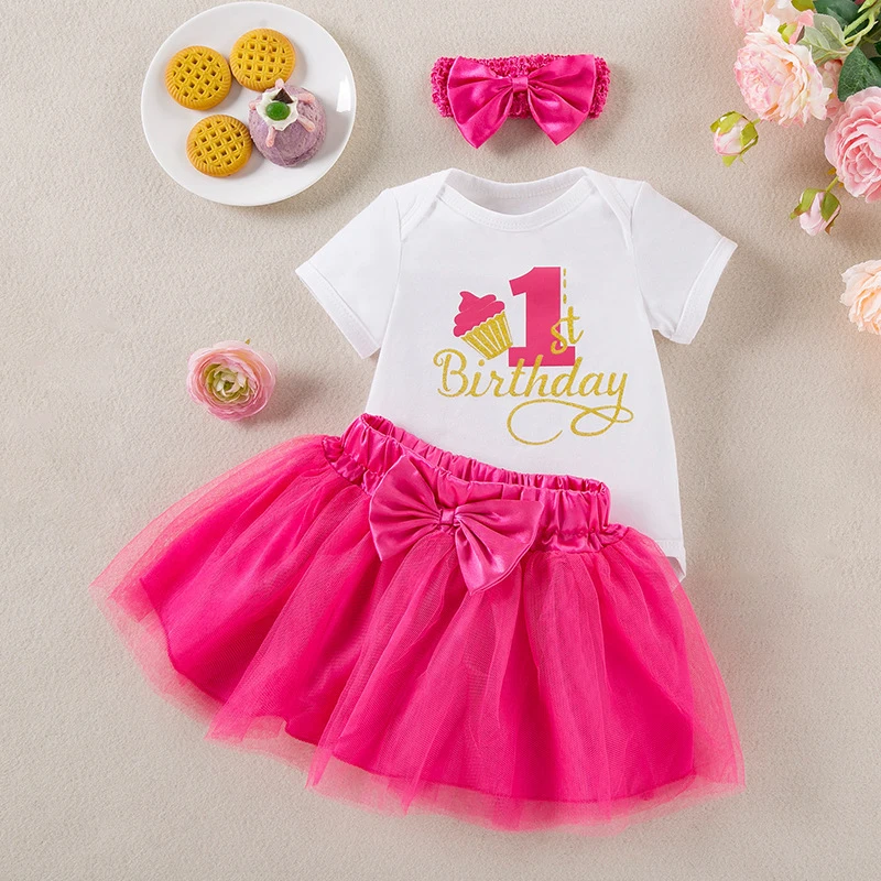 Baby Girl Cake Smash Outfit First Birthday Bodysuit Tutu with Headband Fluffy Toddler Girl Pink Tutu Princess Party Wear