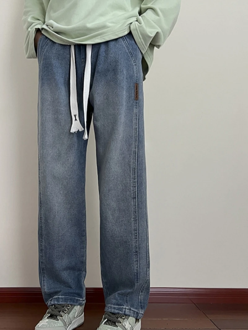 

Spring Men's Rope High-Waisted Jeans Matching Large Size Loose Comfortable Solid Color Boys Loose Straight Wide Leg Pants