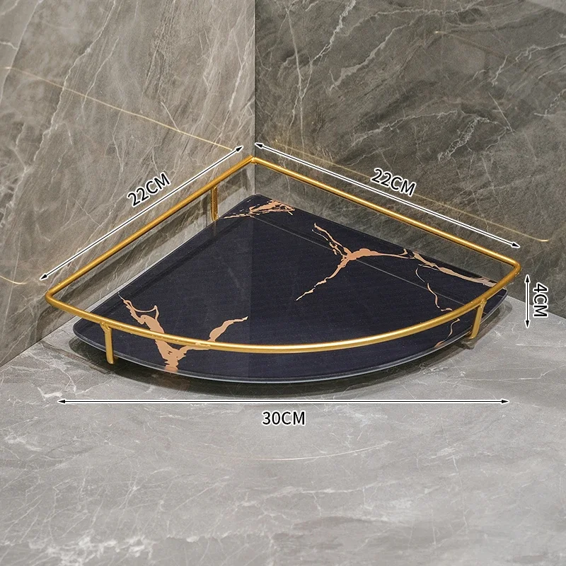 Wrought Iron Marble Pattern Glass Tray Metal Decorative Storage Rack Bathroom Shelves Organizer Display Stand Shelf