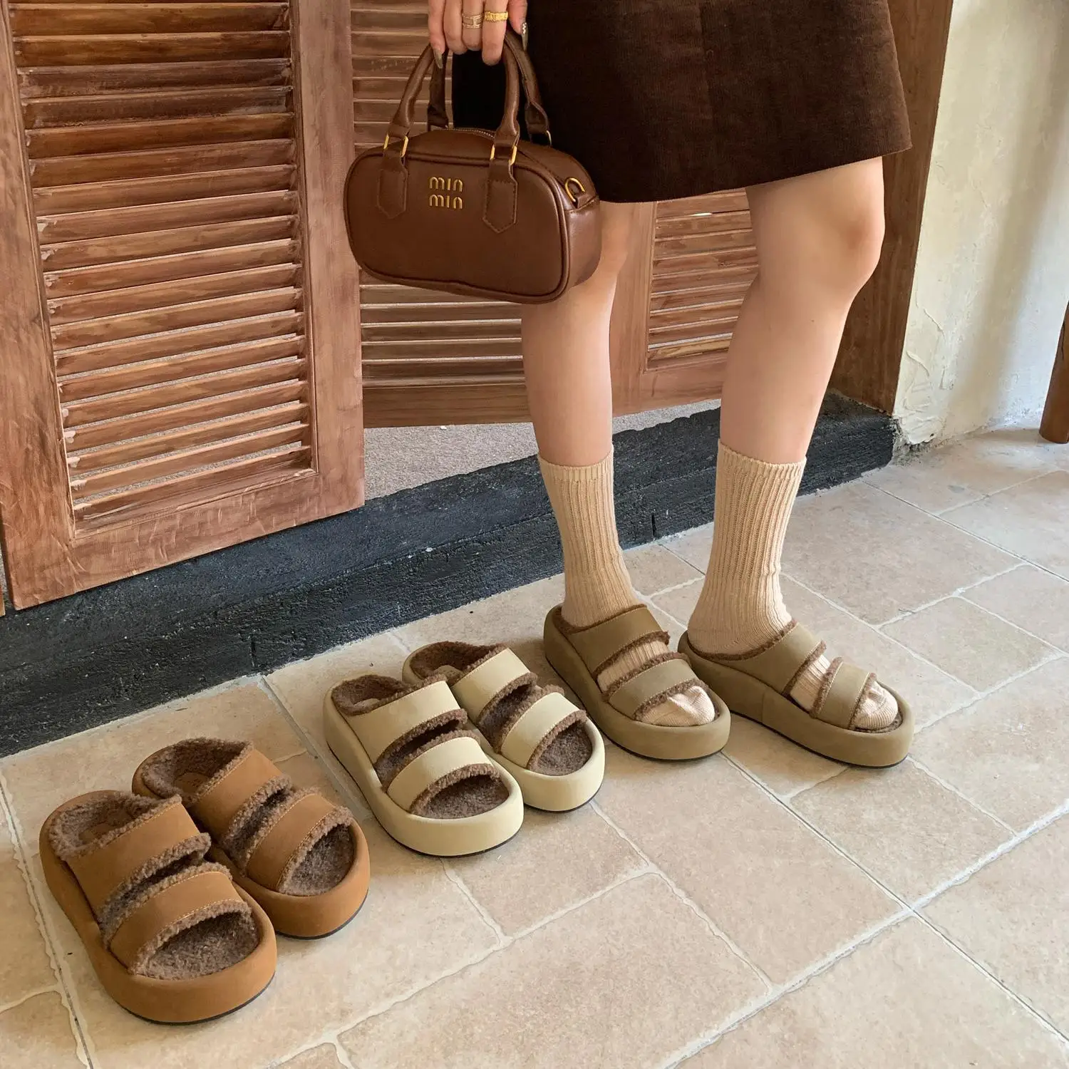 Slippers Casual Low Shoes Slipers Women Platform Fur Flip Flops Slides Luxury 2025 Plush Soft Fabric Hoof Heels Rome Leisure PU image 3