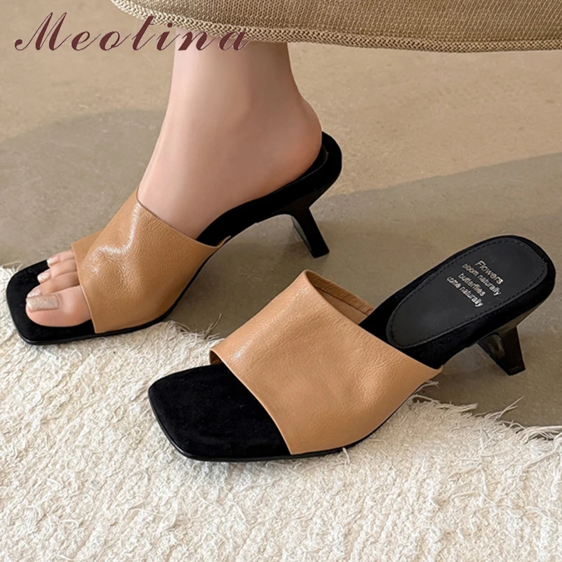 Meotina Women Genuine Leather Slides Square Toe Thick High Heels Sandals Sheepskin Slippers Ladies Fashion Shoes Summer White