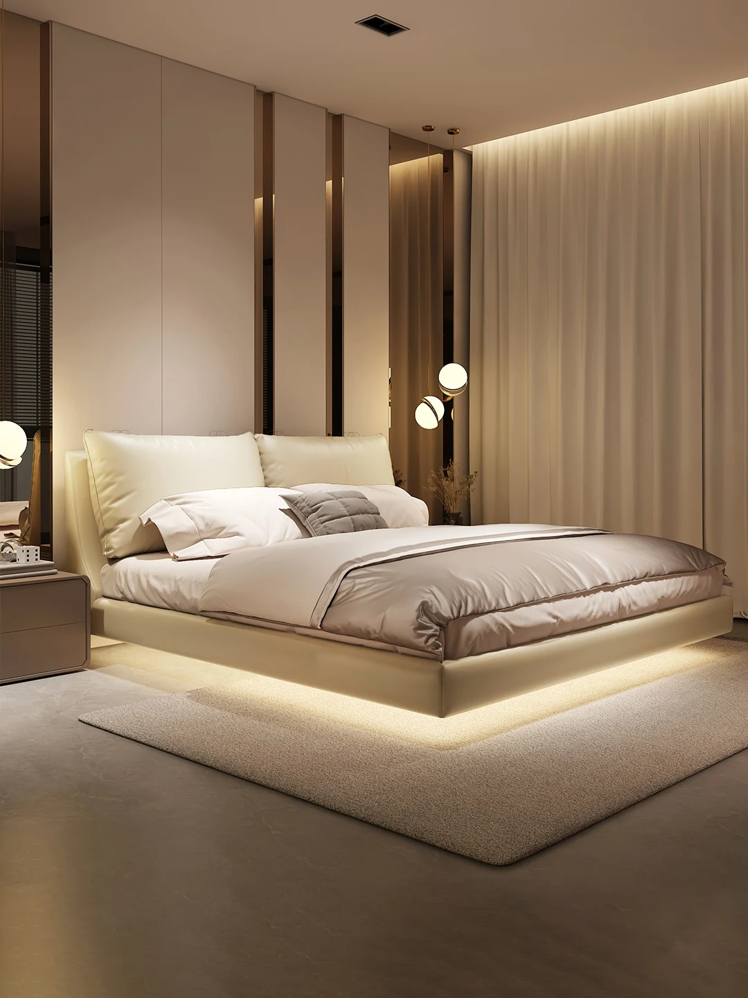 Suspended bed with lamp Modern minimalist leather bed is quiet and windy. online celebrity bedroom is light and luxurious