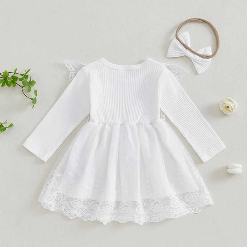 Peuter Baby Meisje 2-delige Outfit Met Lange Mouwen Kanten Patchwork Geribbelde Jurk Met Strik Hoofdband Voor De Lente Herfst
