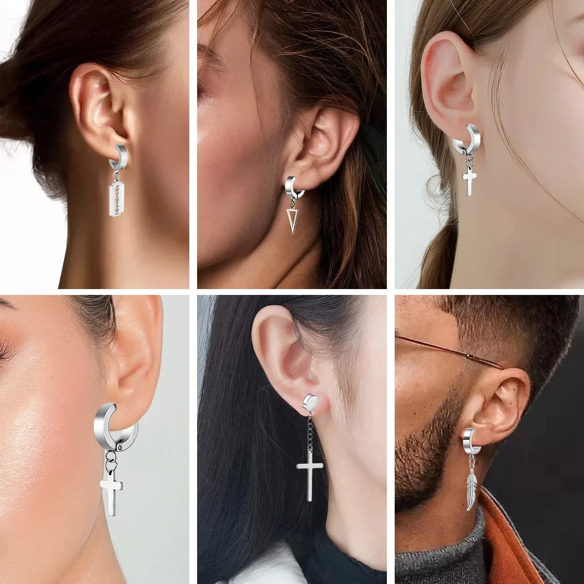 1Pair Unisex Punk Fashion Cross Pendant Ear Clip Non-Piercing Earrings Fake Earrings Gift for Men Women Jewelry Daily Wear