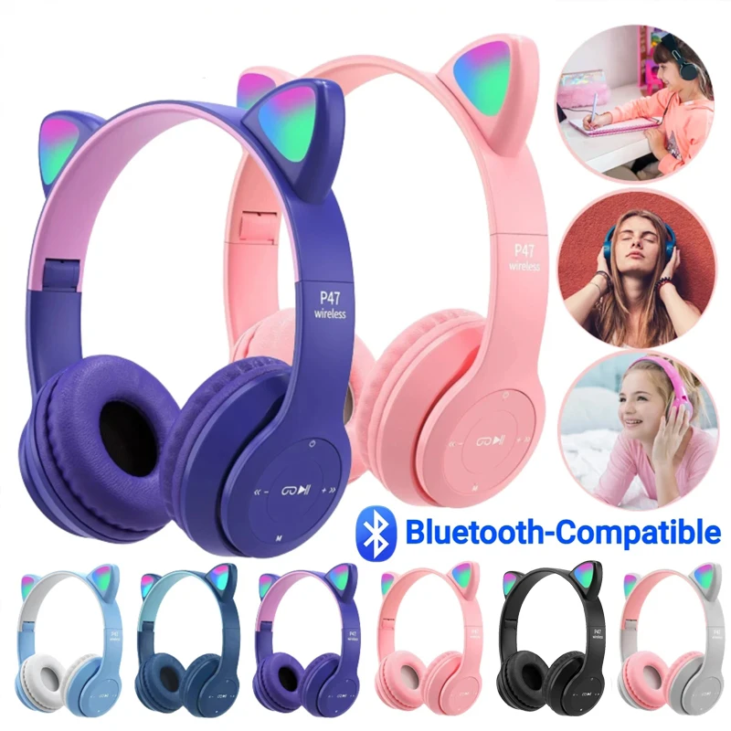 P47M Wireless Headphone Flash Light Cute Cat Ears Fone with Mic Control LED Stereo Music Helmet Phone Bluetooth Headset Gift