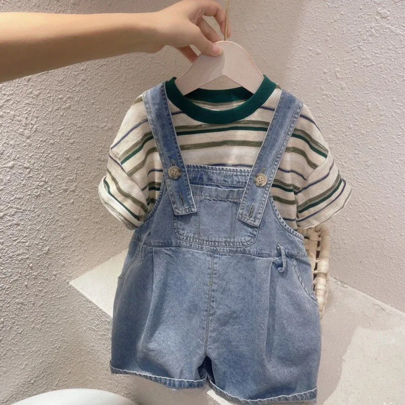 

Girls Suits Summer Set 2024 New Children Summer Cool Cowboy Suspenders Two-piece Set Clothes Korean Simple Style Suits