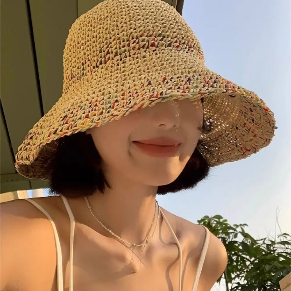 

Simple UV Protection Lafite Straw Hat Rainbow Boho Woven Fisherman Hat Sunscreen Visor Cap Weave Straw Cap Spring