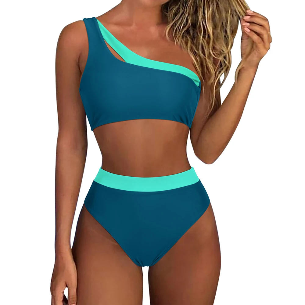 Maiô feminino de cintura alta, moda praia sexy de um ombro, maiô push-up, moda praia recorte, 2 peças, 2023