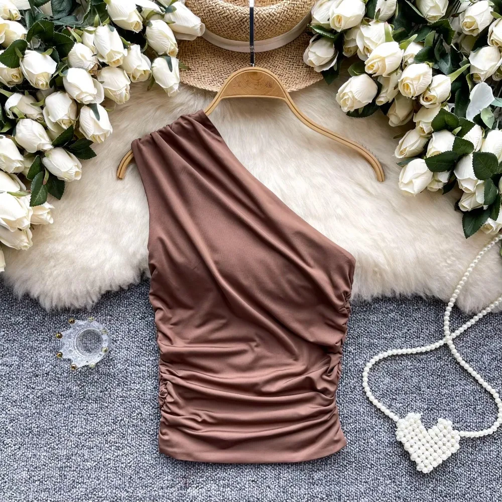 Chic Retro asymmetrical pleated French Fashion Tank Top Slim  Crop Top Sexy Women Summer Diagonal collar Camis