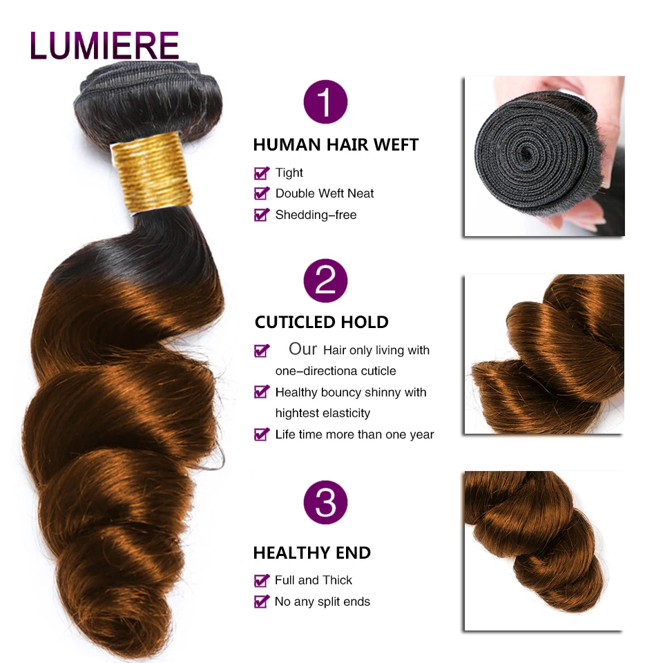 Lumiere 1b/30 Colored Bundle With Closure Ombre Brown Loose Deep Wave Peruvian Human Hair Weave Bundle With Lace Closure Frontal