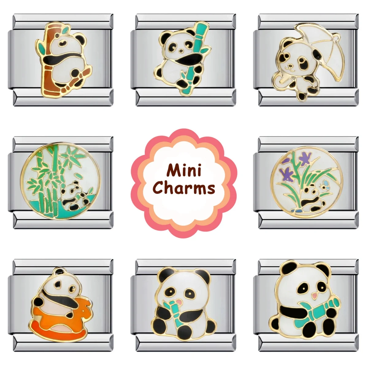 Modische, süße Y2k bunte glasierte Panda-Charms, italienische Glieder, 9mm Armbänder, Armreifen, Edelstahl, DIY Schmuckherstellung – Detail 1