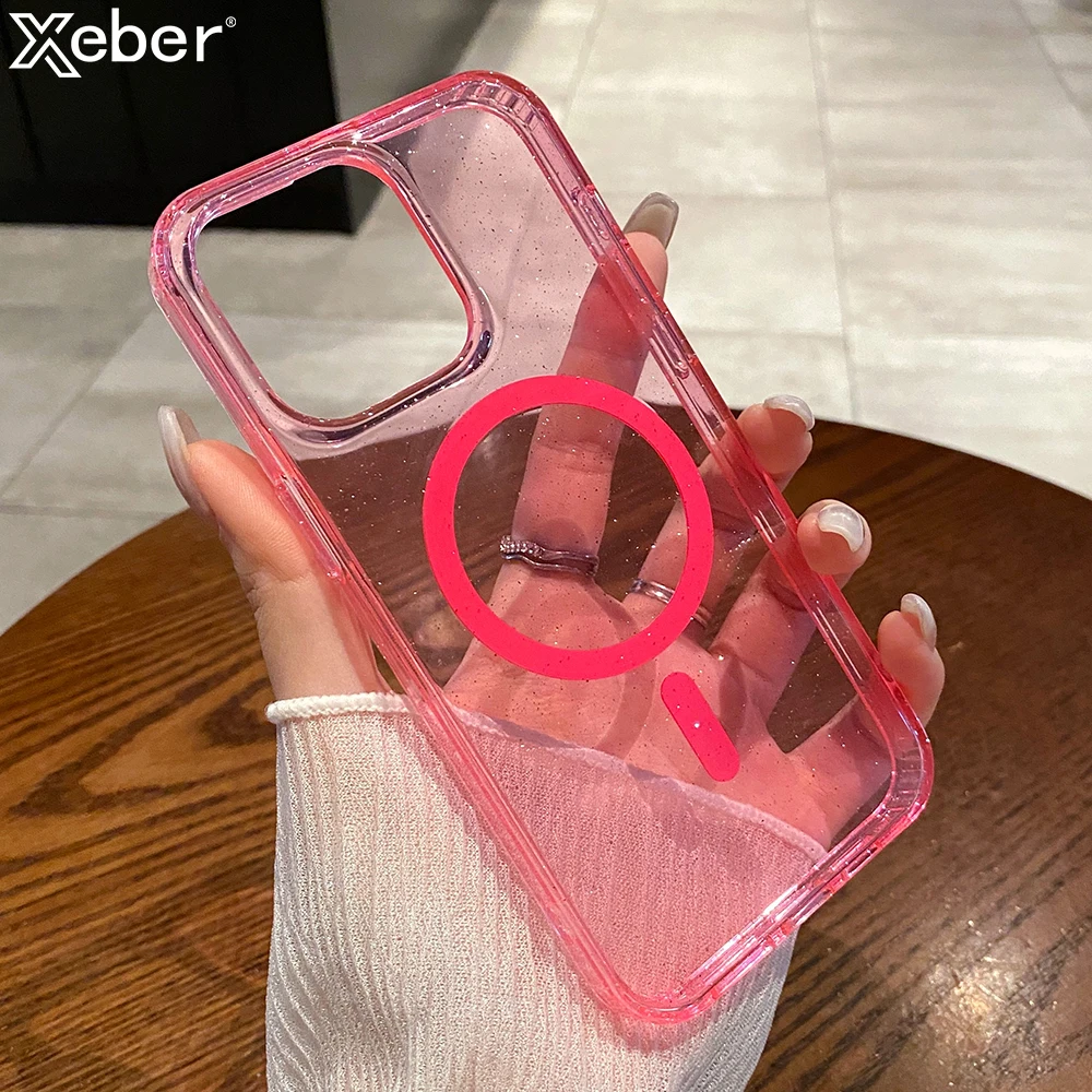Para Magsafe funda magnética transparente con purpurina para iPhone 16 15 Pro Max 14 13 12 11 carga inalámbrica funda ultrafina a prueba de golpes