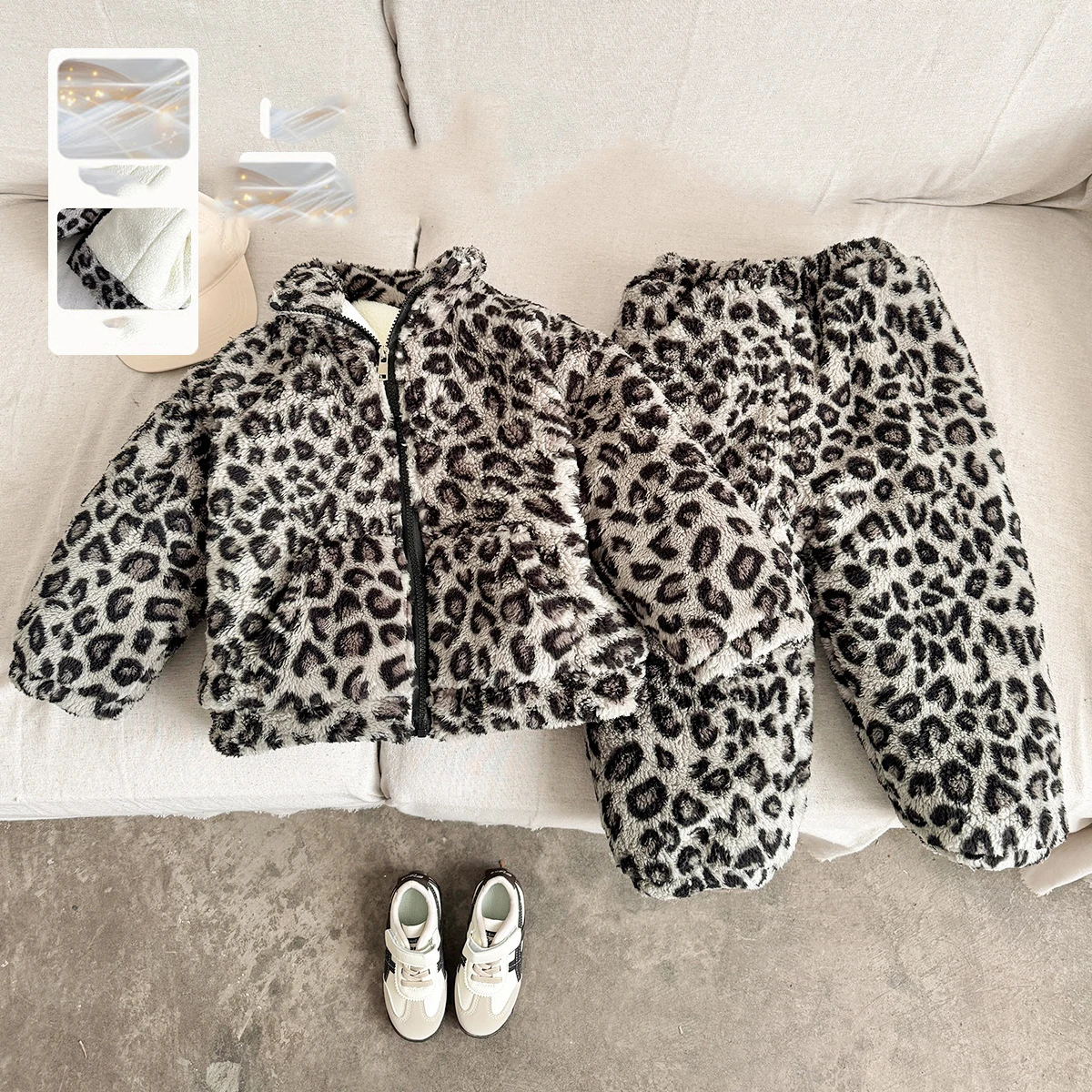 

Детские пижамы UNITIM для мальчиков, комплект из 2 предметов, зимние утепленные леопардовые топы для маленьких девочек, одежда для дома + эластичная талия, плюшевые штаны для маленьких мальчиков