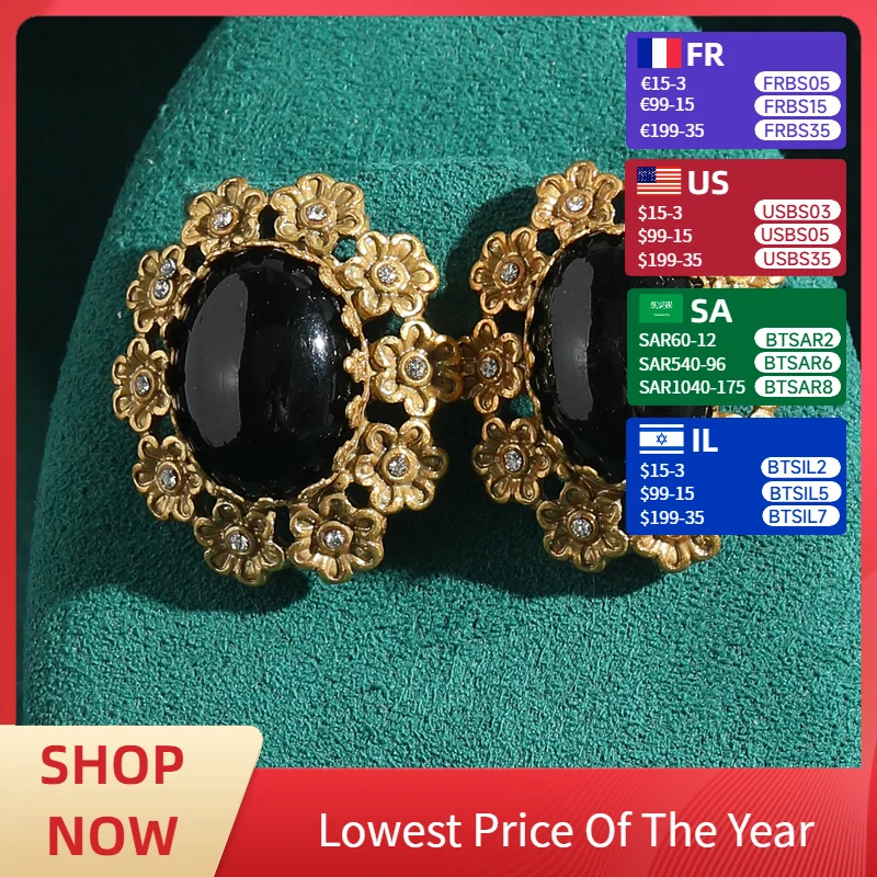 

Vintage Black Earrings Agate Natural Stone Gold Color Flower Jewelry Wedding Luxury Dubai High Quality Woman Accessories 2025