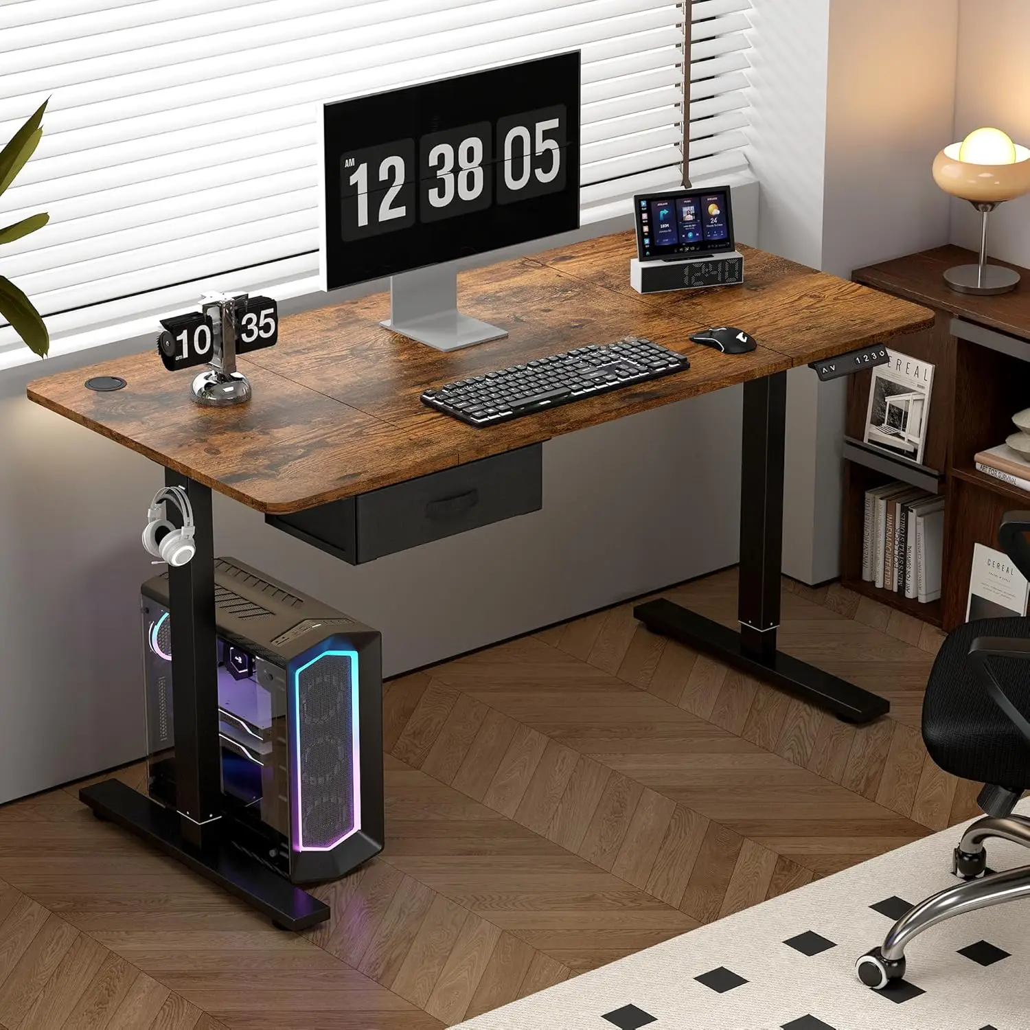Electric Standing Desk Sit Stand Table Height Adjustable Electric Computer Desk USB Charging Port Drawer for Home Office-100cm/120cm/140cm/160cm image 3