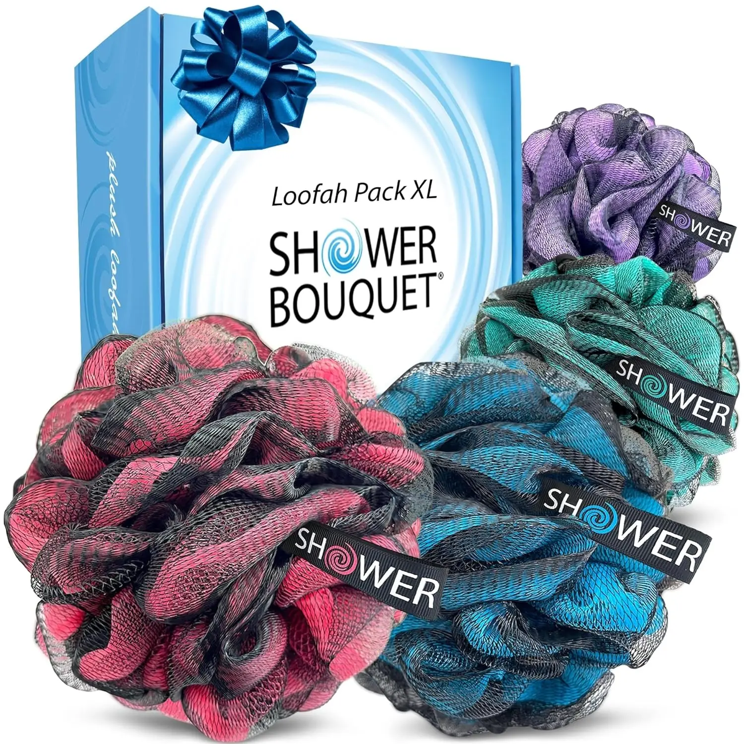 

Extra Large Charcoal Loofah Sponge Set - 4 Pack Soft Mesh Body Scrubber for Exfoliating Face and Skin