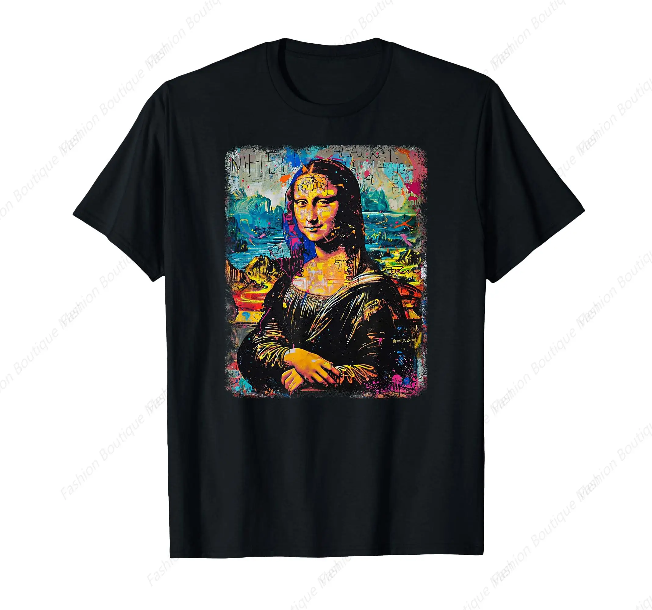 Abstract Graffiti Art Leonardo Da Vinci Art Mona Lisa T-Shirt Casual O-Neck Cotton Short Sleeve High Quality Cotton Shirt