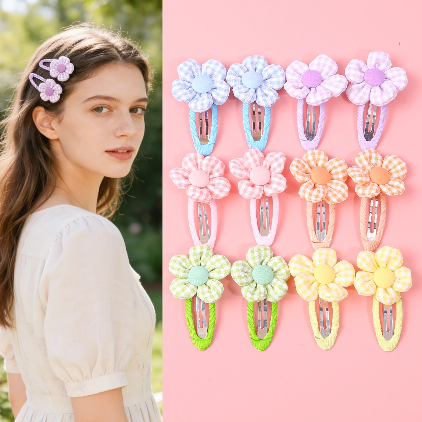 6/12 piezas de pinzas para el cabello de tela con estampado floral, dulces y versátiles, que alegran tu look primaveral.