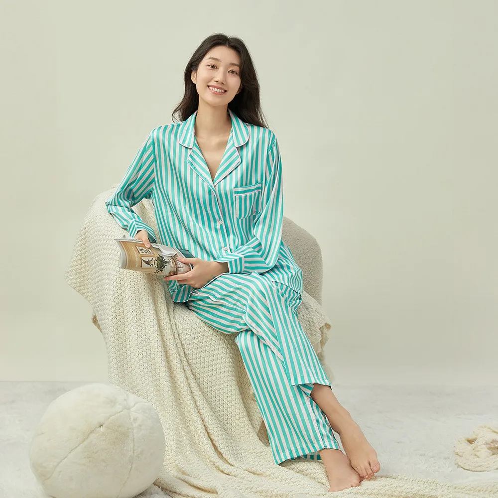 Autumn and Winter Pink Striped Pajamas Set for Women Classic Satin Lapel Cardigan, Long-sleeved Trousers Home Wear Two-piece Set
