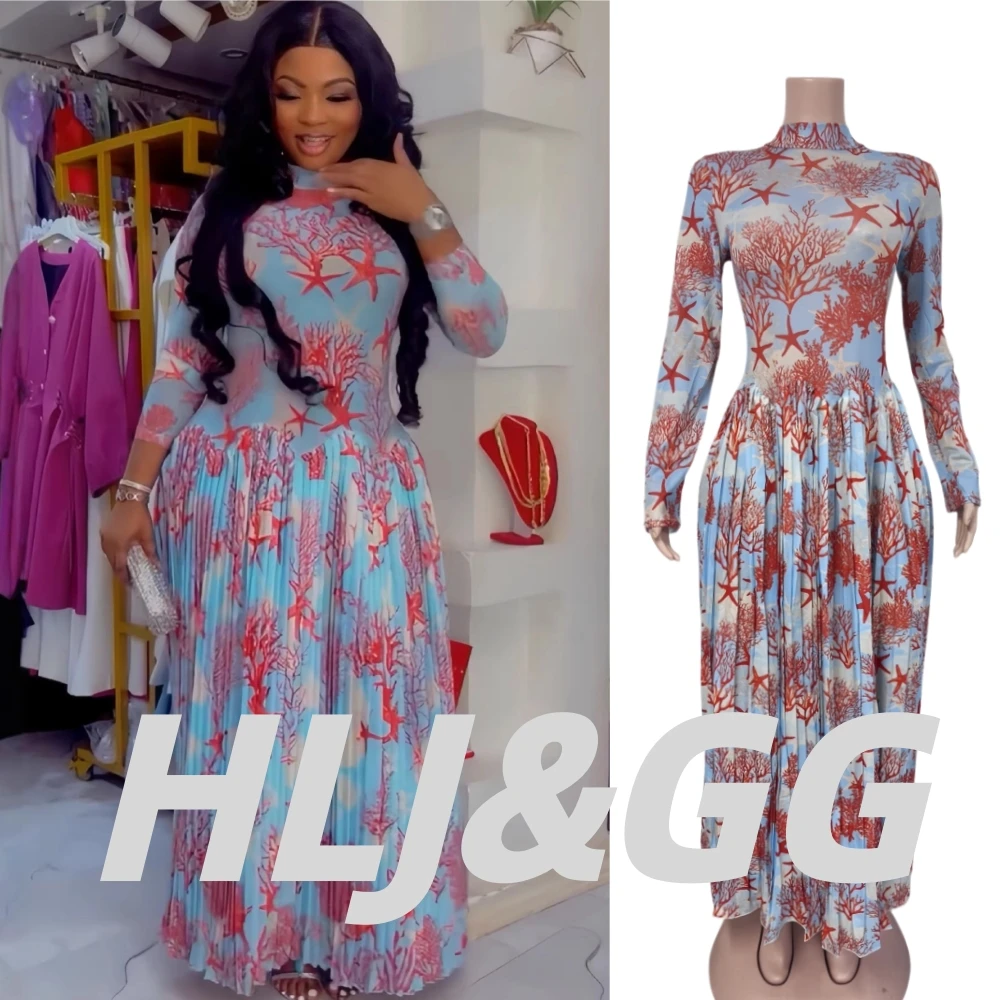 HLJ Sexy Floral Print Bodycon Dresses Woman Ruched Patchwork Round Neck Long Sleeves Dress Female Streetwear Vestidos 2026 New
