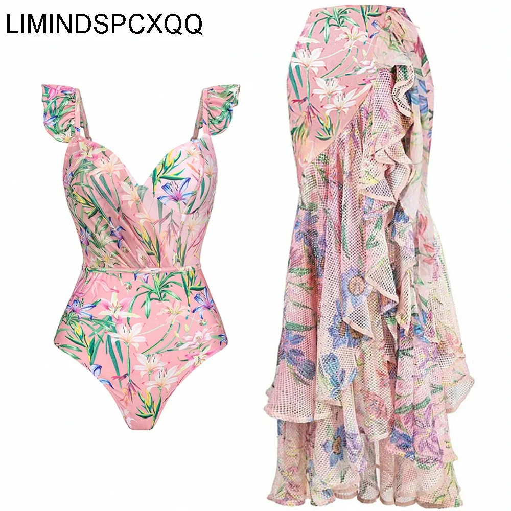 Retro Pink Bikini Printed Fashion One Piece Swimsuit And Cover Up With Skirt Tight Women's Bandage Summer Beach Luxury Elegant