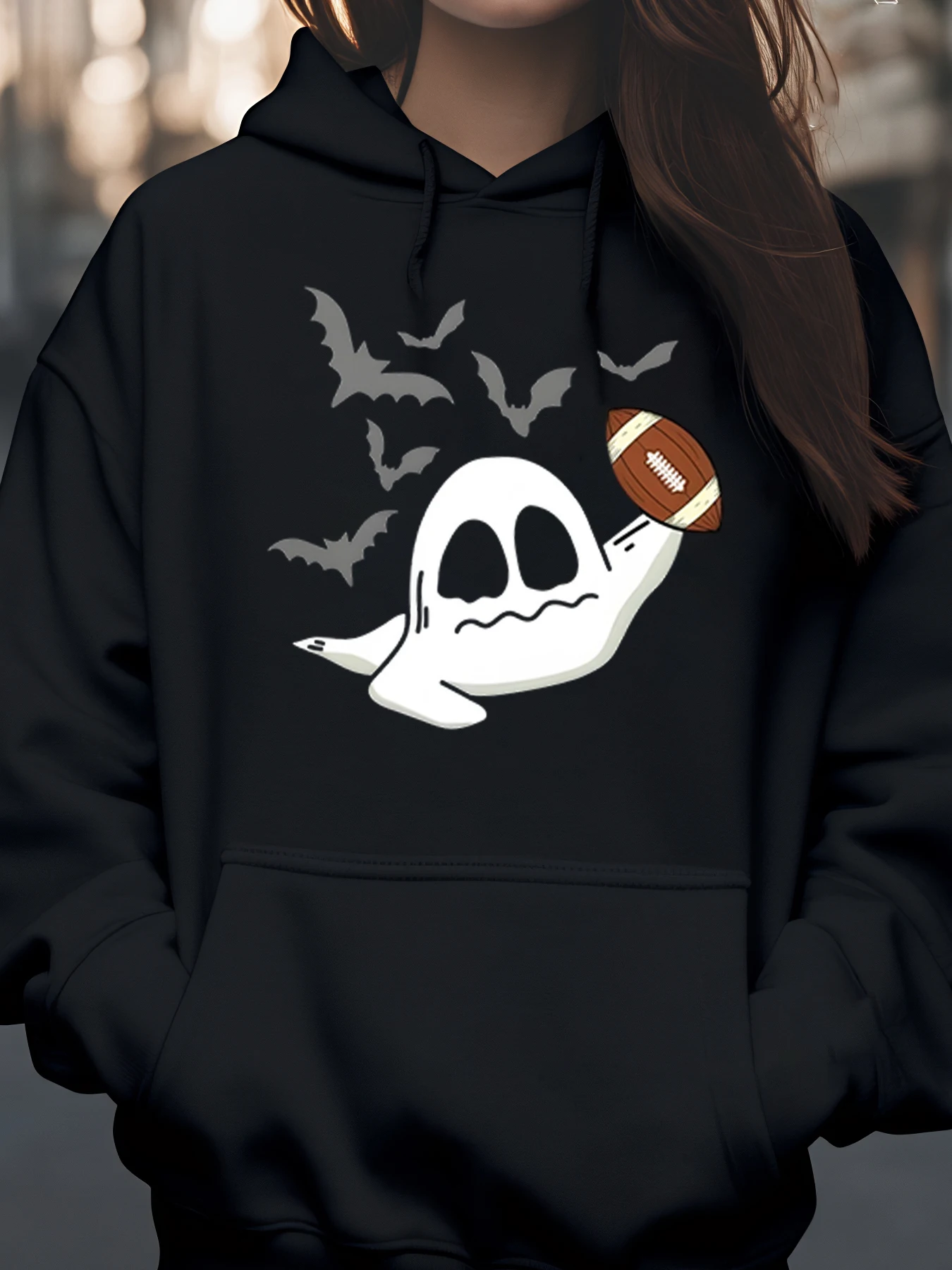 

Толстовка с принтом «Призрак и летучие мыши» на Хэллоуин для повседневной женской одежды