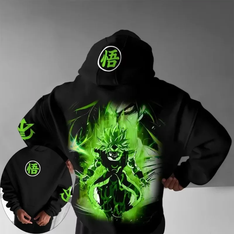 Dragon Ball 2025, Herren-Kapuzenpullover, Herbst/Winter, New Broly Anime, fluoreszierendes Grün, bedruckt, lässig, Straße, lockeres Eltern-Kind-Top