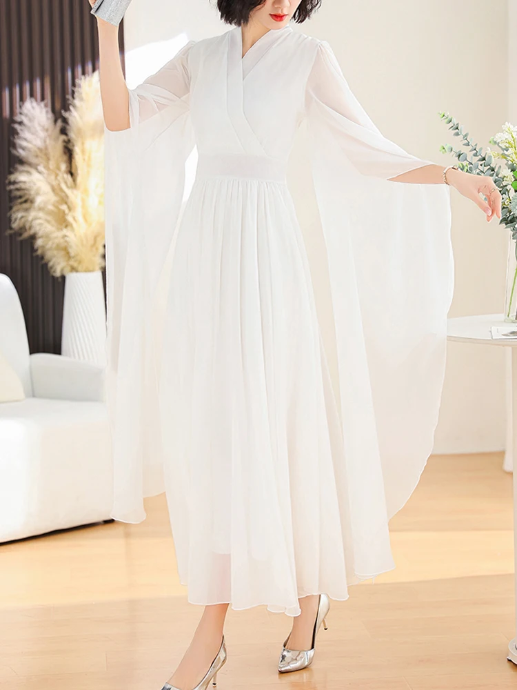 2024 New Chiffon White Women Vintage Party Dress Long Sleeve Elegante Chic Fashion Maxi Casual Summer Purple Evening Dresses For