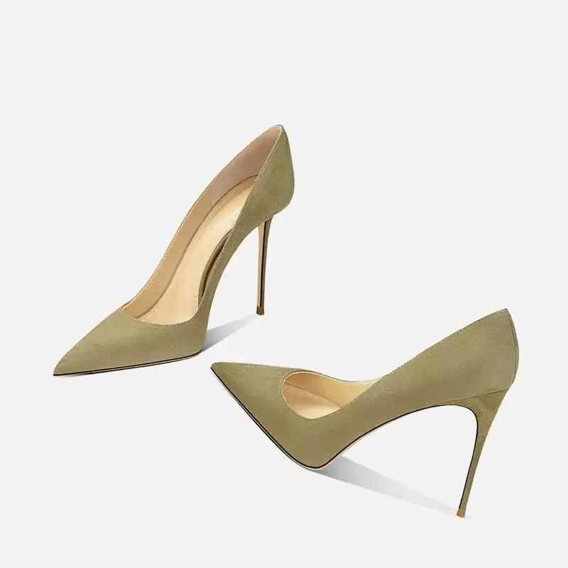 

New Grass Green Suede High Heels for Female Queen, Sexy Pointed, Fine Heels, Versatile Commuter Single Shoes