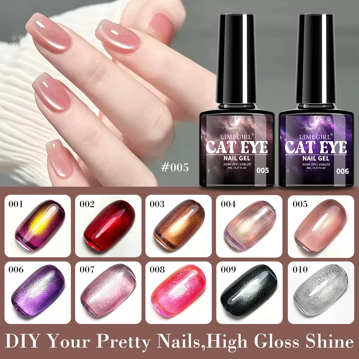 

LIMEGIRL Cat Eye Gel Nail Polish 10 Colors Holographic Rainbow 8ML Magnetic Cat Eye Gel for Nails Art Design Manicure Salon DIY