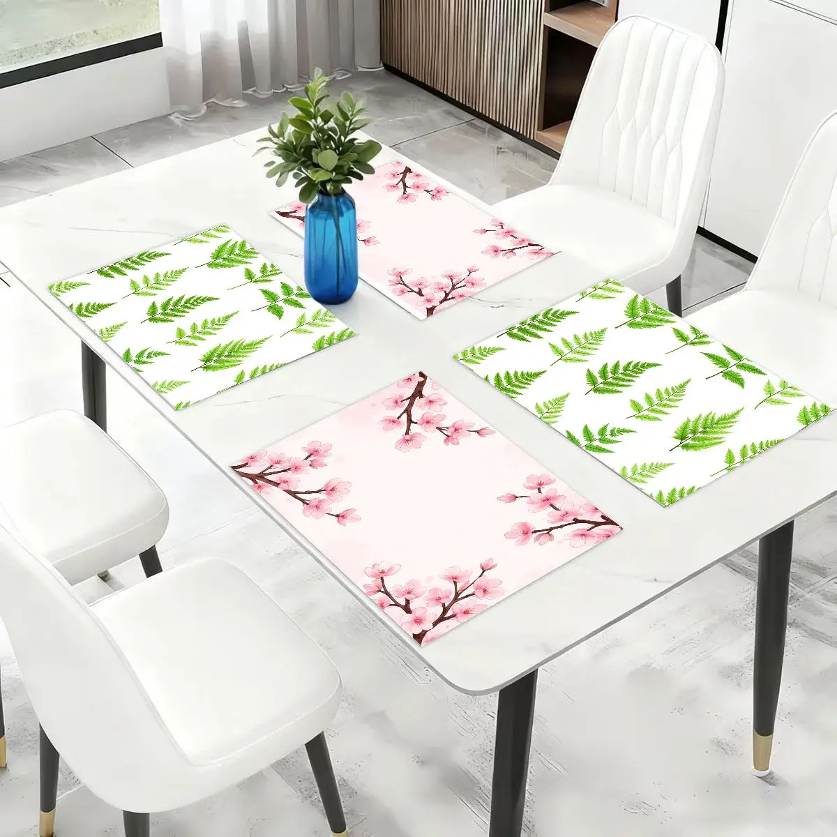 Manteles Individuales de lino y poliéster con estampado digital de hojas verdes y flores de cerezo de estilo minimalista nórdico (45 × 30 cm) para decoración del hogar/Hotel, 4/6