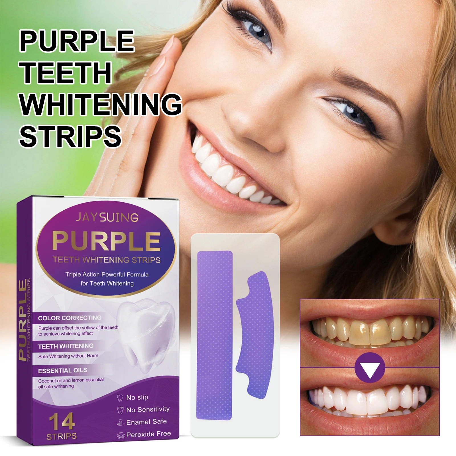 

Полоски для отбеливания зубов Purple Teeth Whitening Strips: улучшение цвета зубов, устранение пятен, борьба с желтизном, гигиена полости рта для стойкой улыбки.