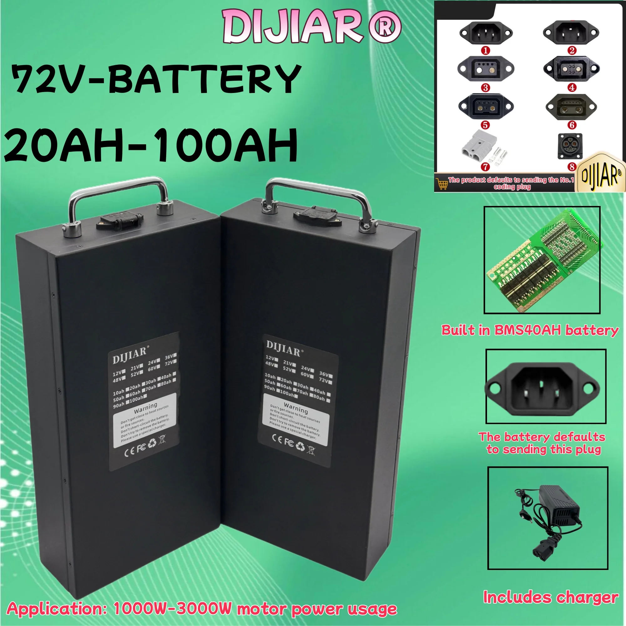 شحن جوي مجاني، بطارية ليثيوم Harley 18650 جديدة تمامًا 72 فولت 20AH-100AH، غلاف مقاوم للماء، متوفرة في المخزون، + شاحن BMS 40AH + #1