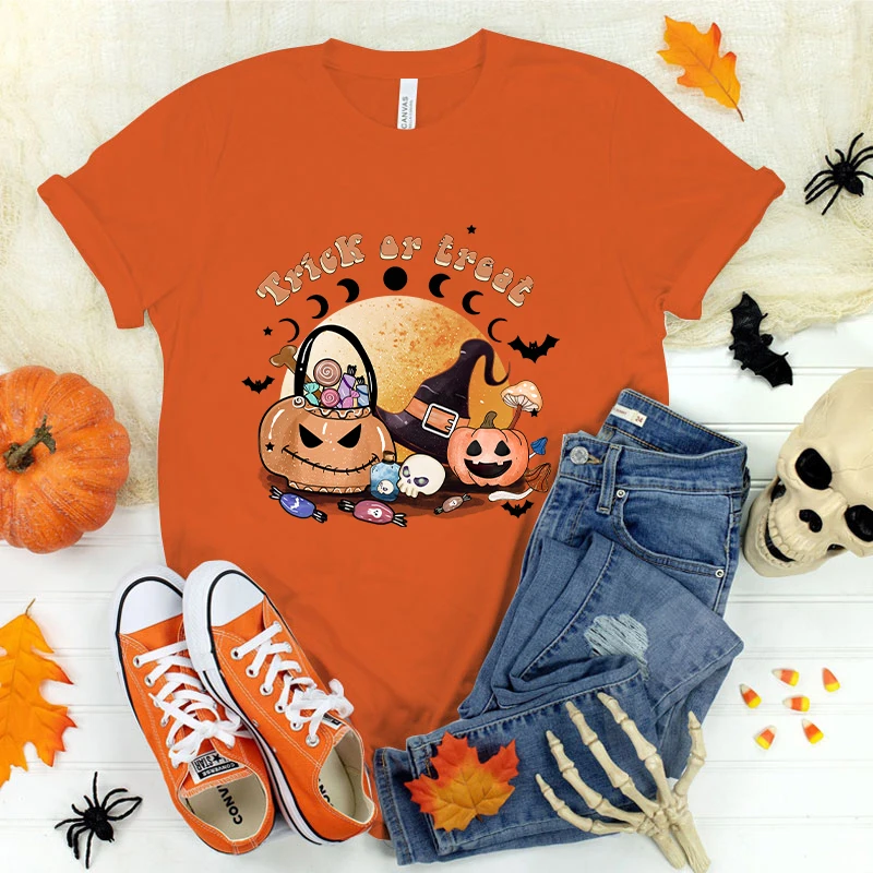 (Premium T-shirt)New Hot Halloween Trick Or Treat Print T-Shirts Women Summer Casual T-Shirts O Neck Short-Sleeved T-Shirts tops