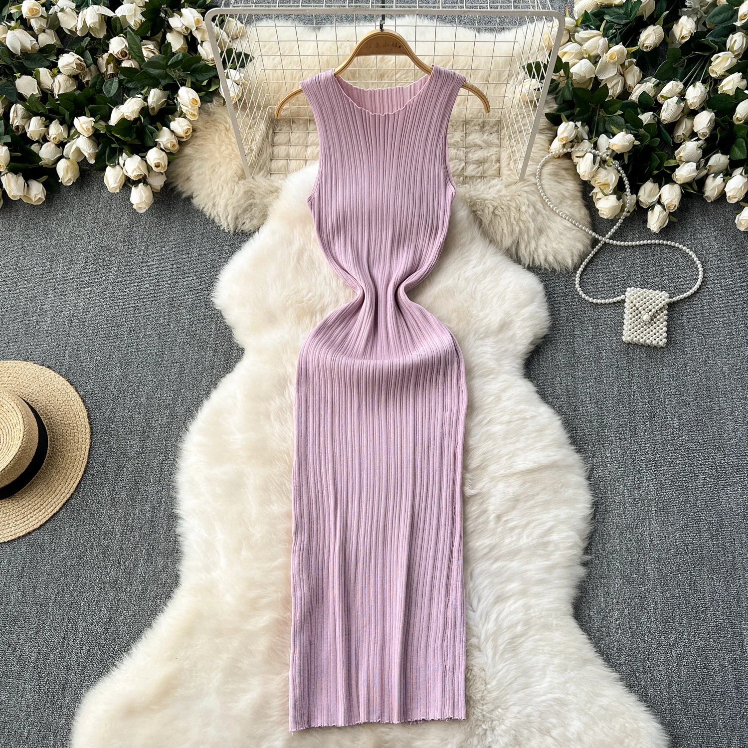 2024 Abito estivo con cinturino sexy lavorato a maglia Canotta da donna Vita elastica aderente Vestito estivo da spiaggia femminile Abito lungo maxi solido