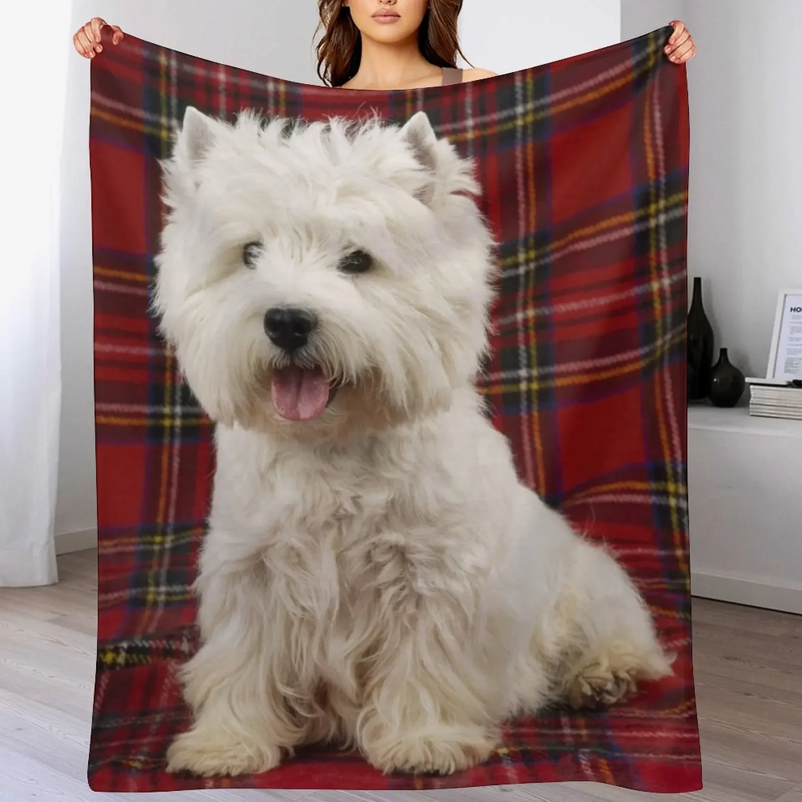 

West Highland White Terrier on a Scotch Plaid Throw Blanket Picnic Beach Sofas Soft Plaid Blankets