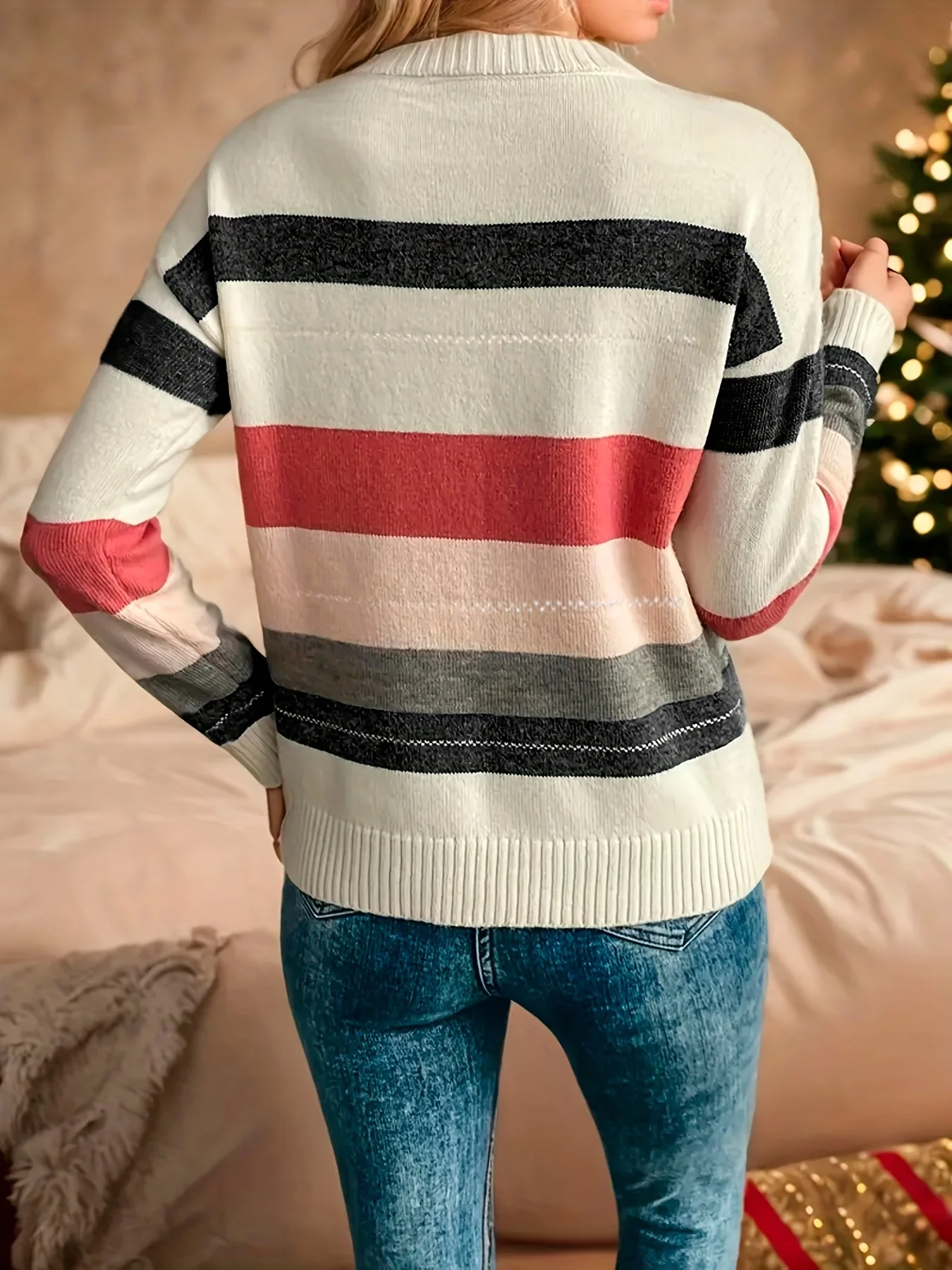 Plus Size Women's Casual Striped Crew Neck Long Sleeve Pullover Knit Sweater, Ideal for Spring and Autumn