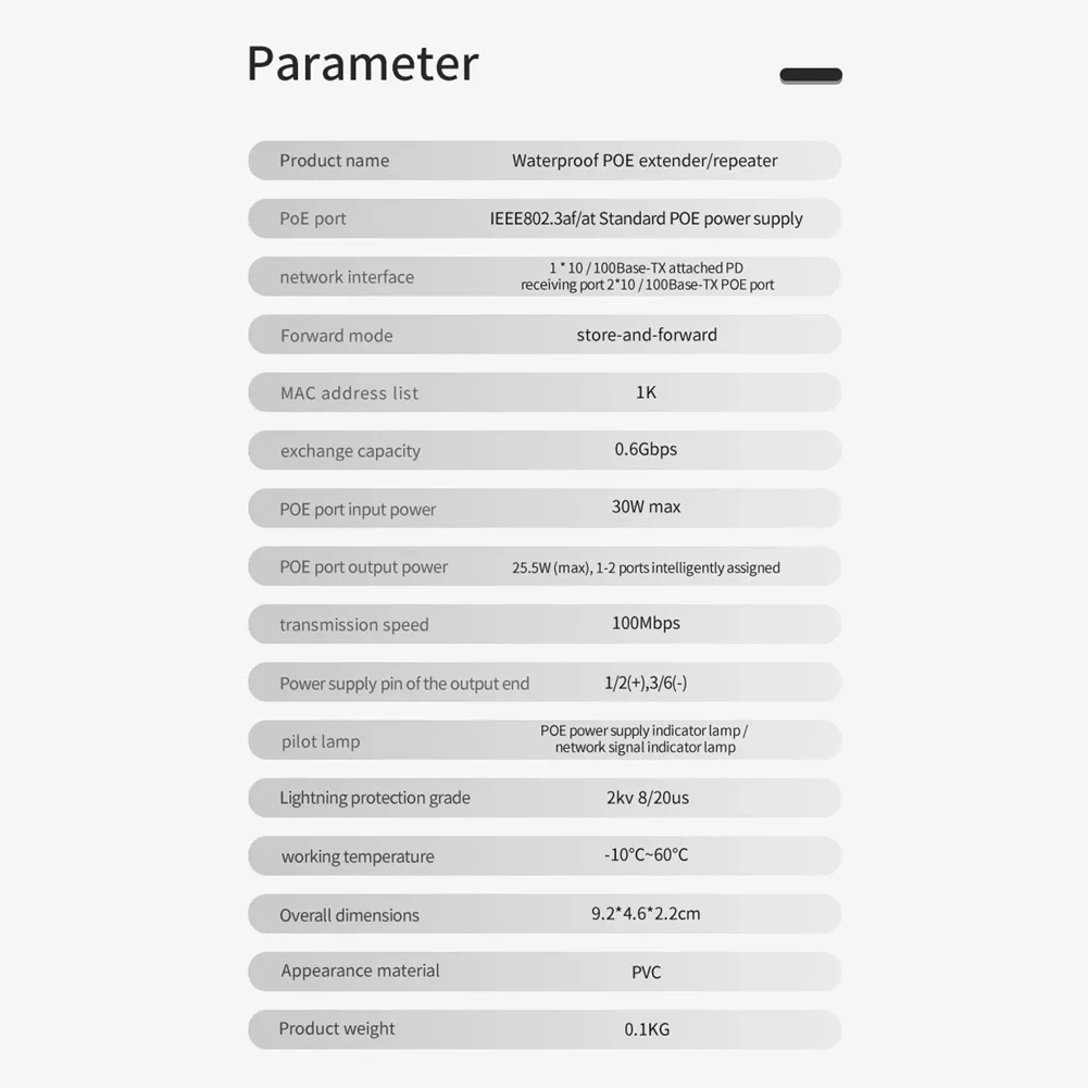 

Водонепроницаемый удлинитель POE 10/100 Мбит/с для улицы, 30 Вт, высокая мощность Plug & Play для Poe Switch NVR IP-камера AP