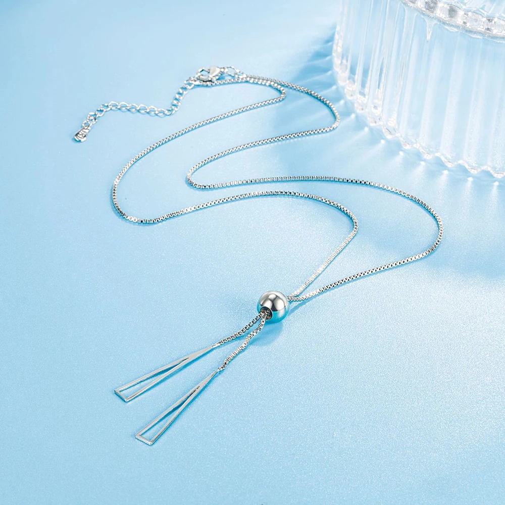 Real 925 Sterling Silver Triangle Pendant Necklace Box Chain Long Drop Earrings Jewelry Sets For Women Trendy FQL23062