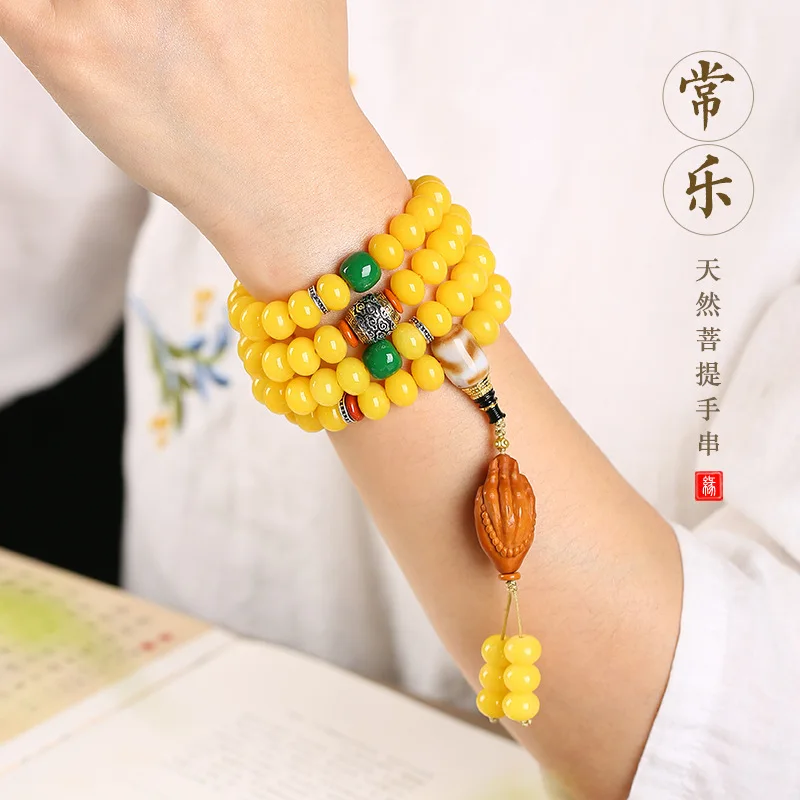 

Натуральный корень бодхи, ручная веревка, куриное масло, желтый, несколько кругов, 108, женский новый китайский ретро-медовый воск, желтый, оптовая продажа