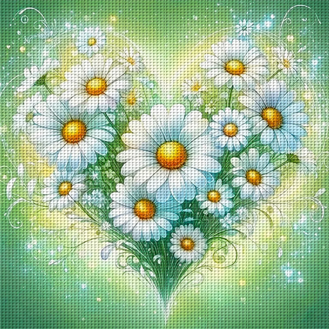 1 Stück 36 x 36 cm/14,17 x 14,17 Zoll, 11CT Kreuzstich-DIY-Set mit Aufdruck, herzförmige Gänseblümchen, entspannendes Kreuzstich-Set für Erwachsene und Anfänger