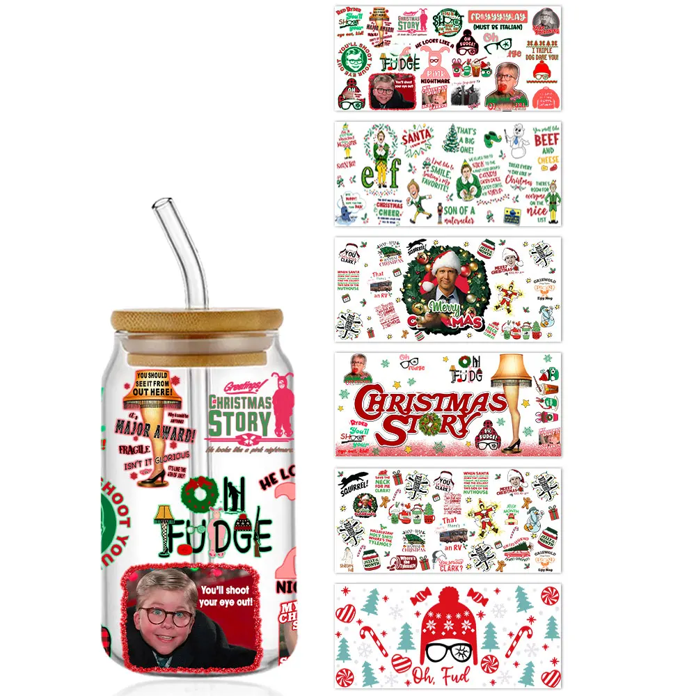 Christimas Story UV DTF Cup Wrap 16oz Libbey Glass Plastic Tumbler Adhesive Wrap Xmas Sticker Cup Not Included