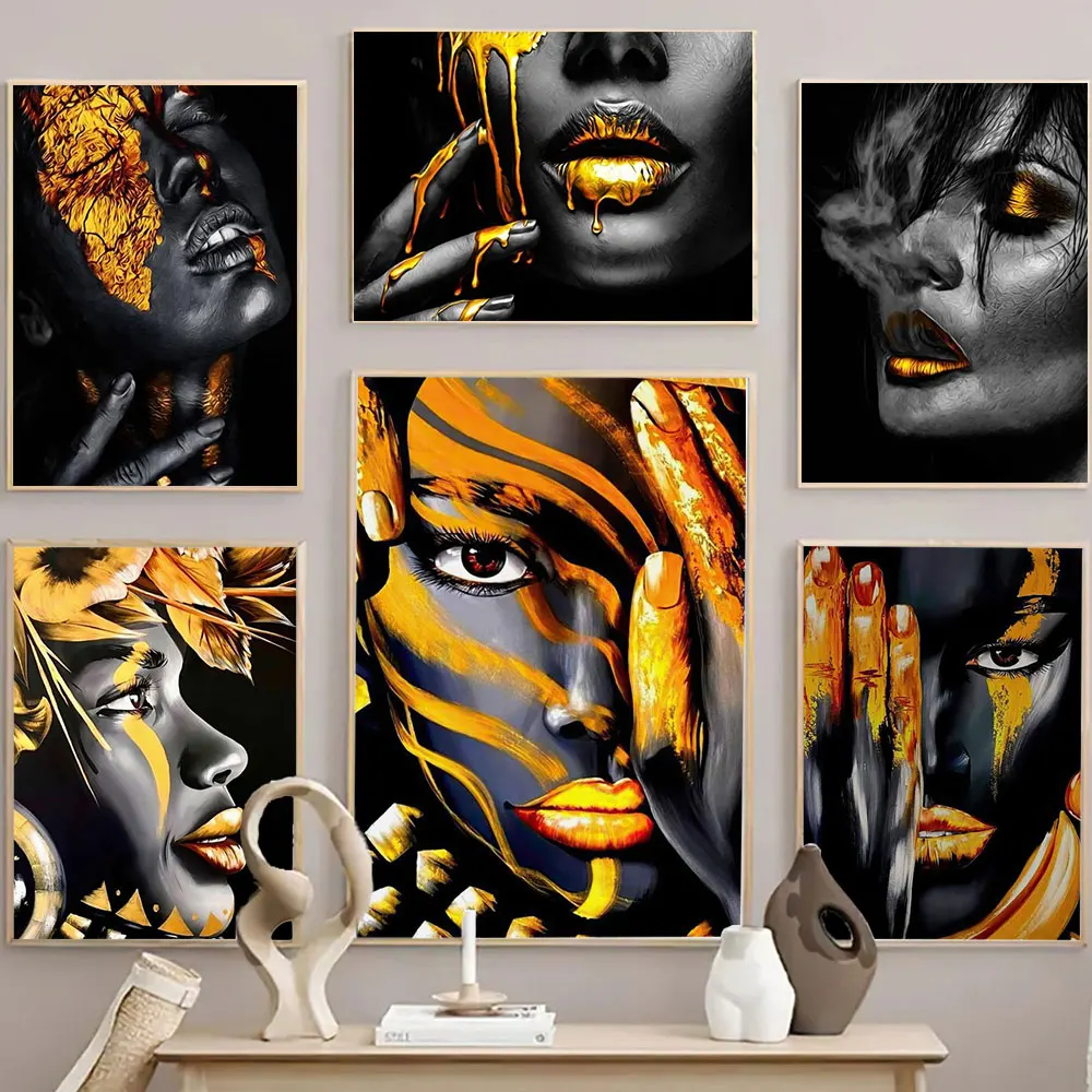 

Abstract Art Black Gold Girl Posters and Print Modern African Woman Canvas Painting Wall Art Picture For Living Room Home Decor