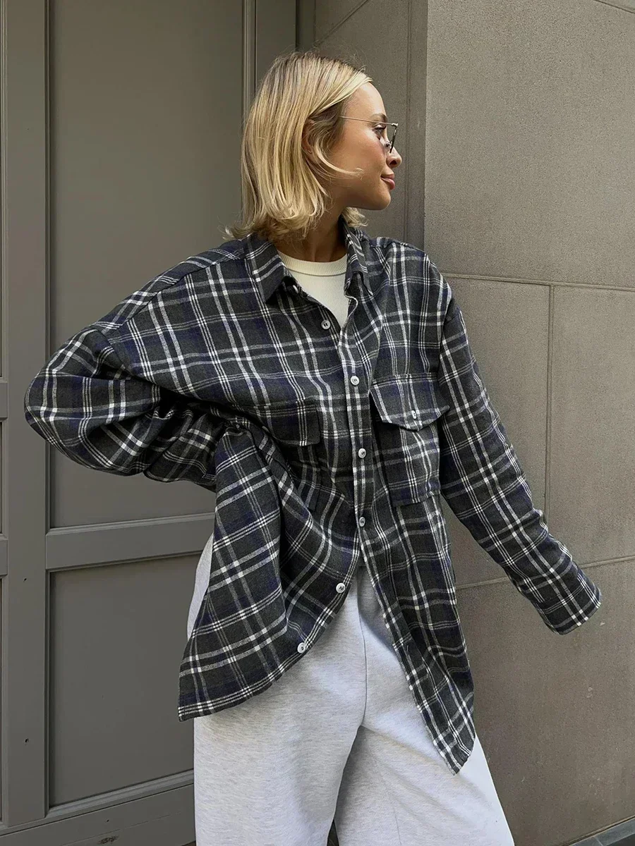 Bornladies-Chemise à carreaux vintage pour femmes, chemise à manches longues à revers, chemises et chemisiers de bureau, vêtements pour femmes,