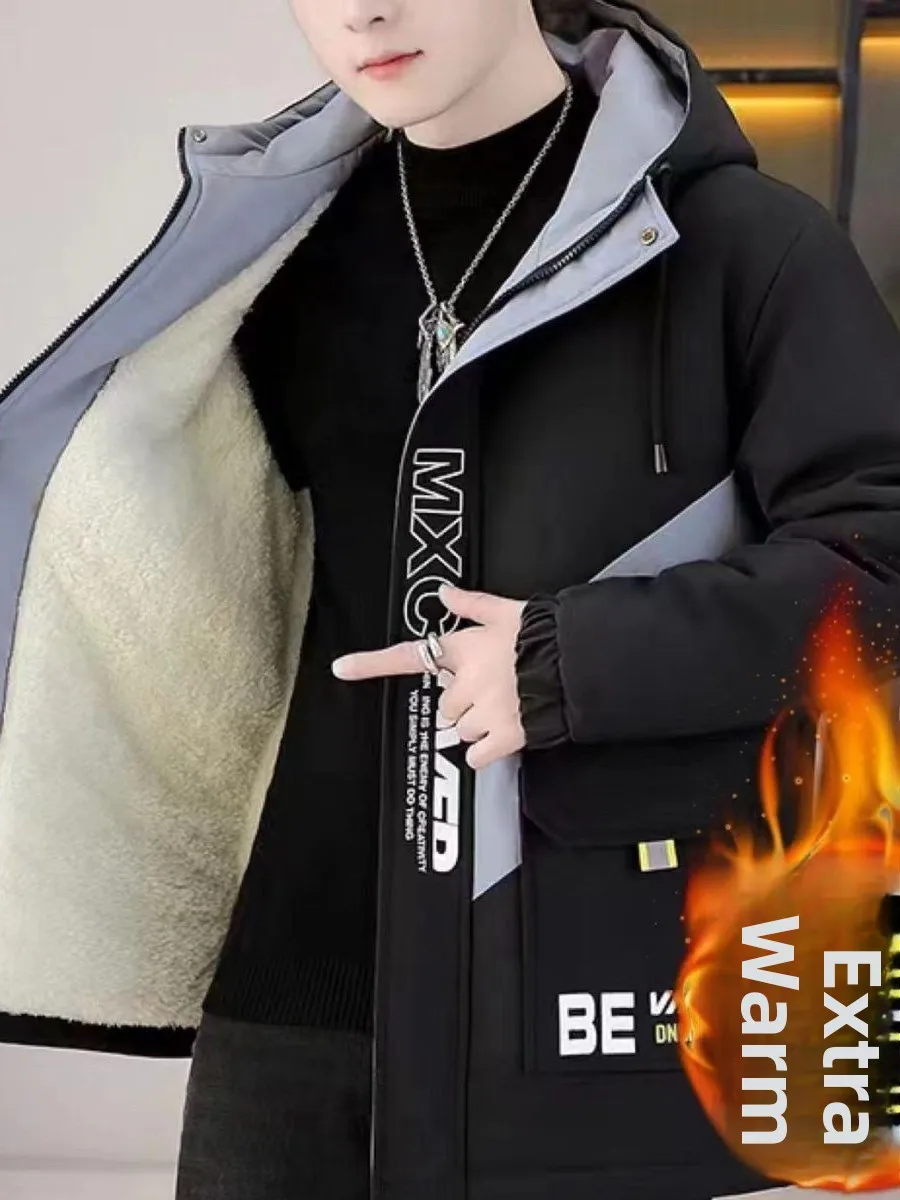 

Men's Fce Lined Hooded Jaet Thin Model Thiened Autumn Winter Outerwear Casual Workwear Student Cotton Coat
